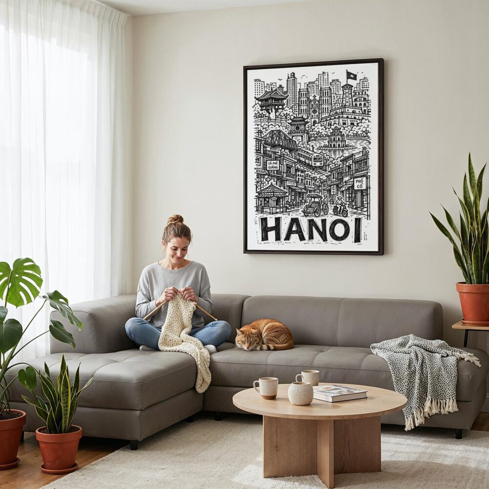 05 - Framed Hanoi City Art - Pencil Style Canvas Print - Woman Knitting on grey couch - Vertical.jpg 05 - Framed Hanoi City Art - Pencil Style Canvas Print - Woman Knitting on grey couch - Vertical.jpg