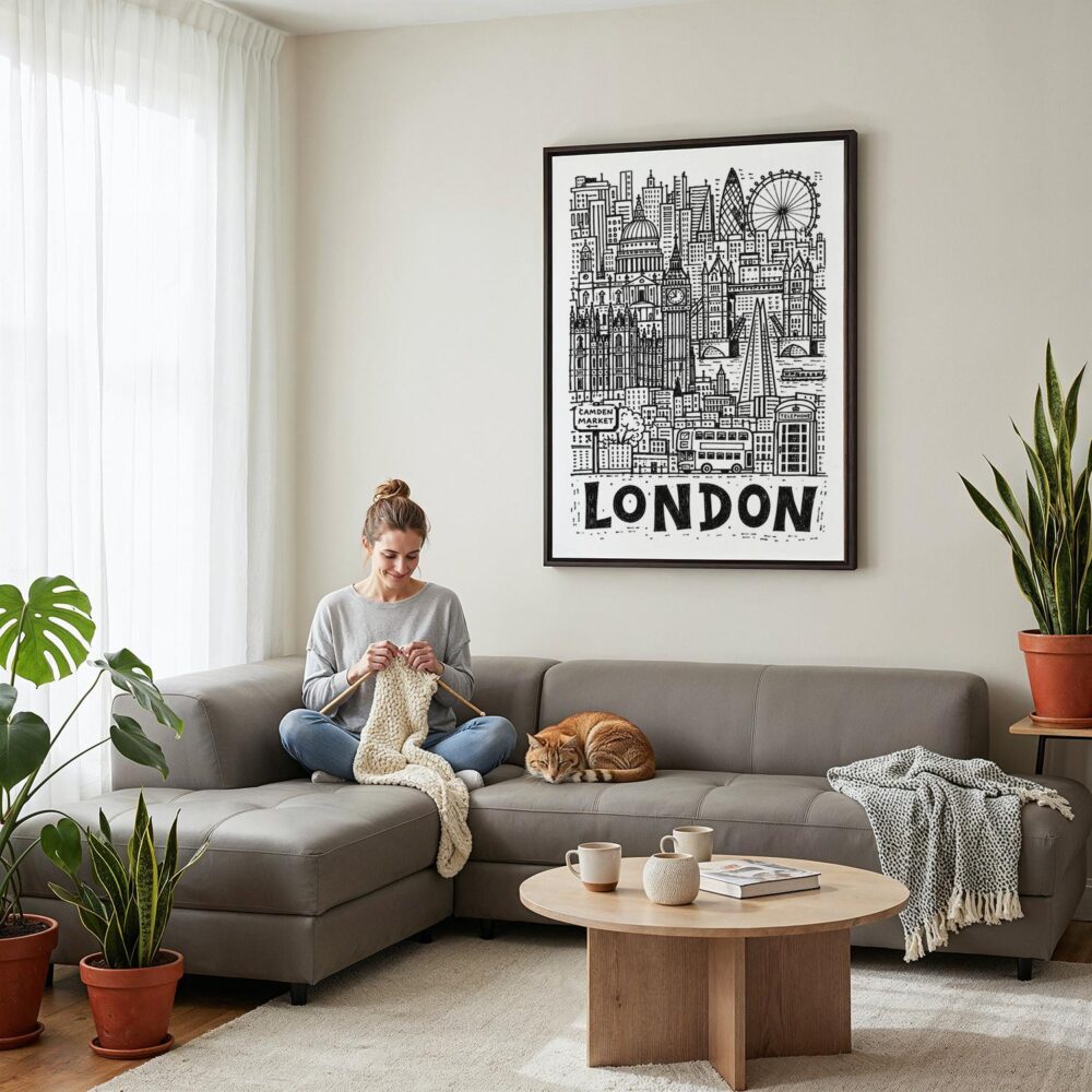 05 - Framed London City Art - Pencil Style Canvas Print - Woman Knitting on grey couch - Vertical.jpg 05 - Framed London City Art - Pencil Style Canvas Print - Woman Knitting on grey couch - Vertical.jpg