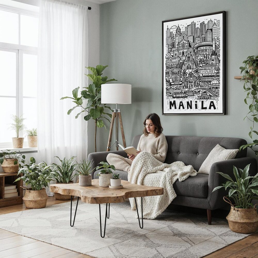 05 - Framed Manila City Art - Pencil Style Canvas Print - Woman reading in Boho Living Room - Vertical.jpg 05 - Framed Manila City Art - Pencil Style Canvas Print - Woman reading in Boho Living Room - Vertical.jpg