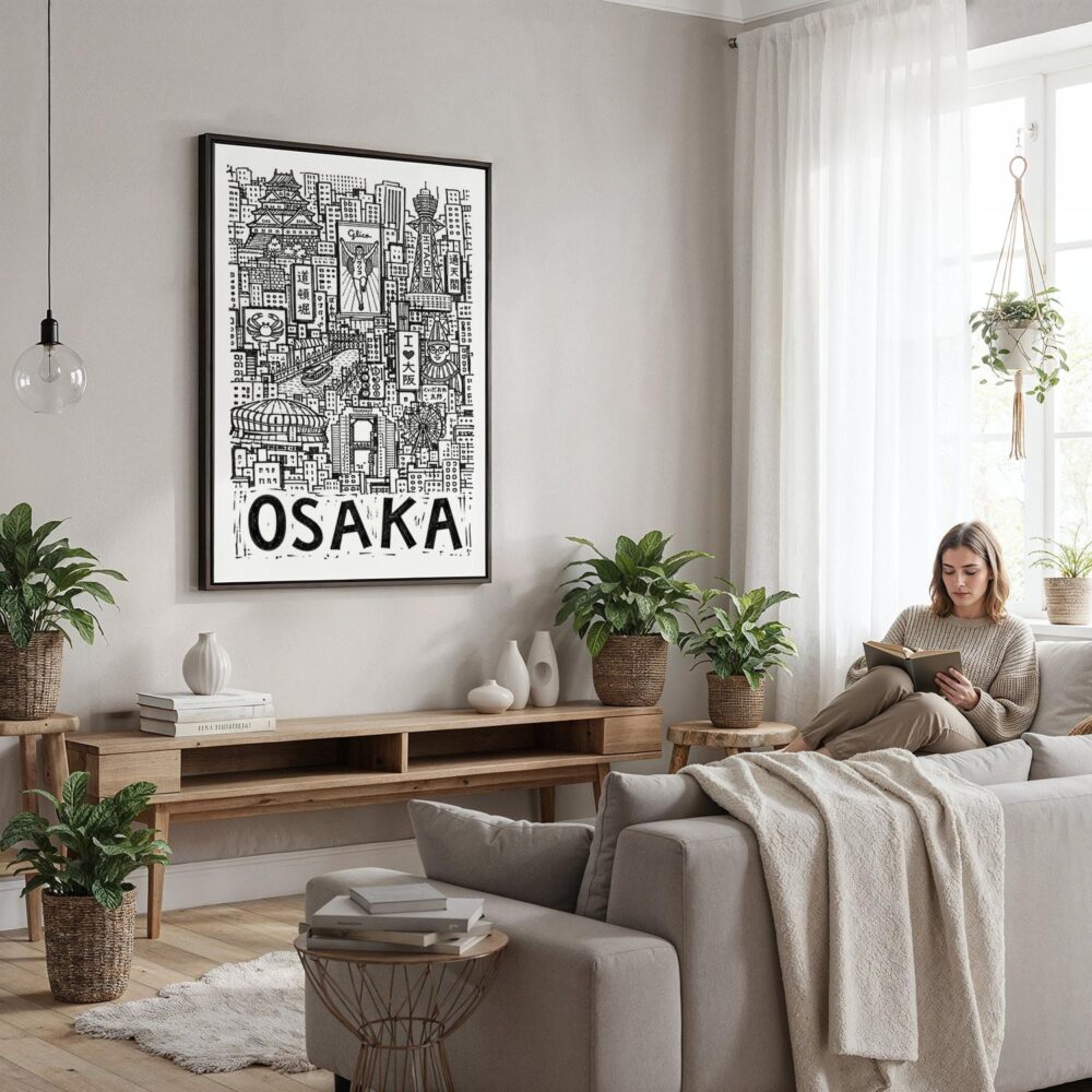 05 - Framed Osaka City Art - Pencil Style Canvas Print - Woman reading in modern Living Room - Vertical.jpg 05 - Framed Osaka City Art - Pencil Style Canvas Print - Woman reading in modern Living Room - Vertical.jpg