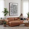 05 - Framed Perth City Art - Pencil Style Canvas Print - Woman Knitting on leather couch - Vertical.jpg