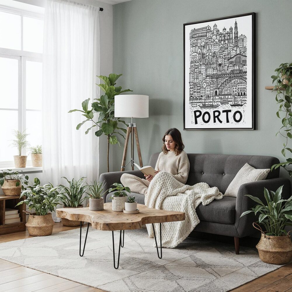 05 - Framed Porto City Art - Pencil Style Canvas Print - Woman reading in Boho Living Room - Vertical.jpg 05 - Framed Porto City Art - Pencil Style Canvas Print - Woman reading in Boho Living Room - Vertical.jpg