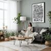 05 - Framed Porto City Art - Pencil Style Canvas Print - Woman reading in Boho Living Room - Vertical.jpg