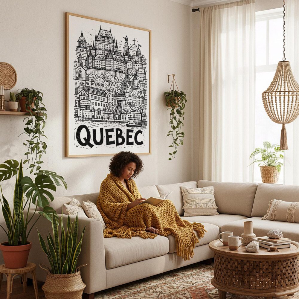 05 - Framed Quebec City Art - Pencil Style Art Print - In Bohi Living Room with Woman reading - Vertical.jpg 05 - Framed Quebec City Art - Pencil Style Art Print - In Bohi Living Room with Woman reading - Vertical.jpg