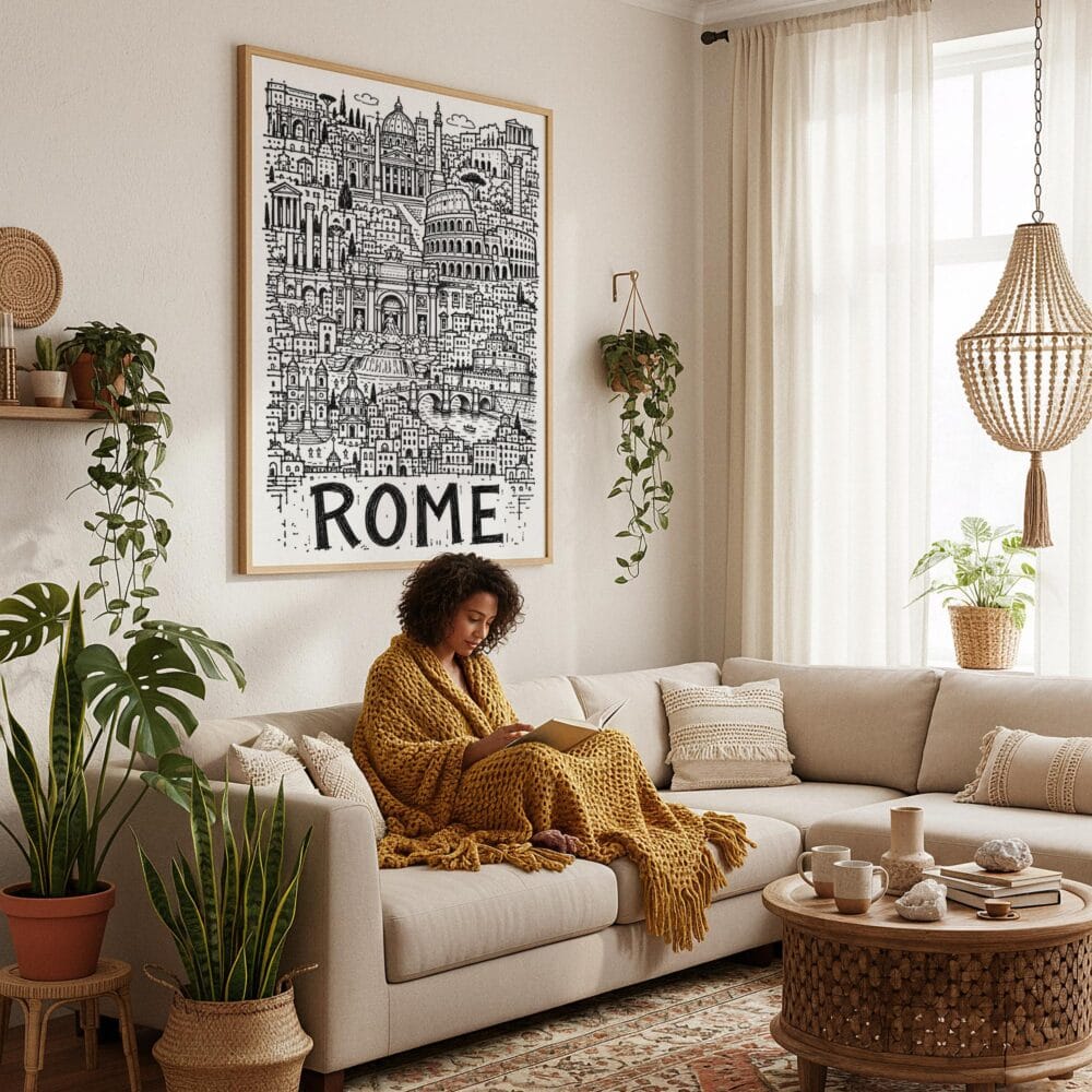 05 - Framed Rome City Art - Pencil Style Art Print - In Bohi Living Room with Woman reading - Vertical.jpg 05 - Framed Rome City Art - Pencil Style Art Print - In Bohi Living Room with Woman reading - Vertical.jpg