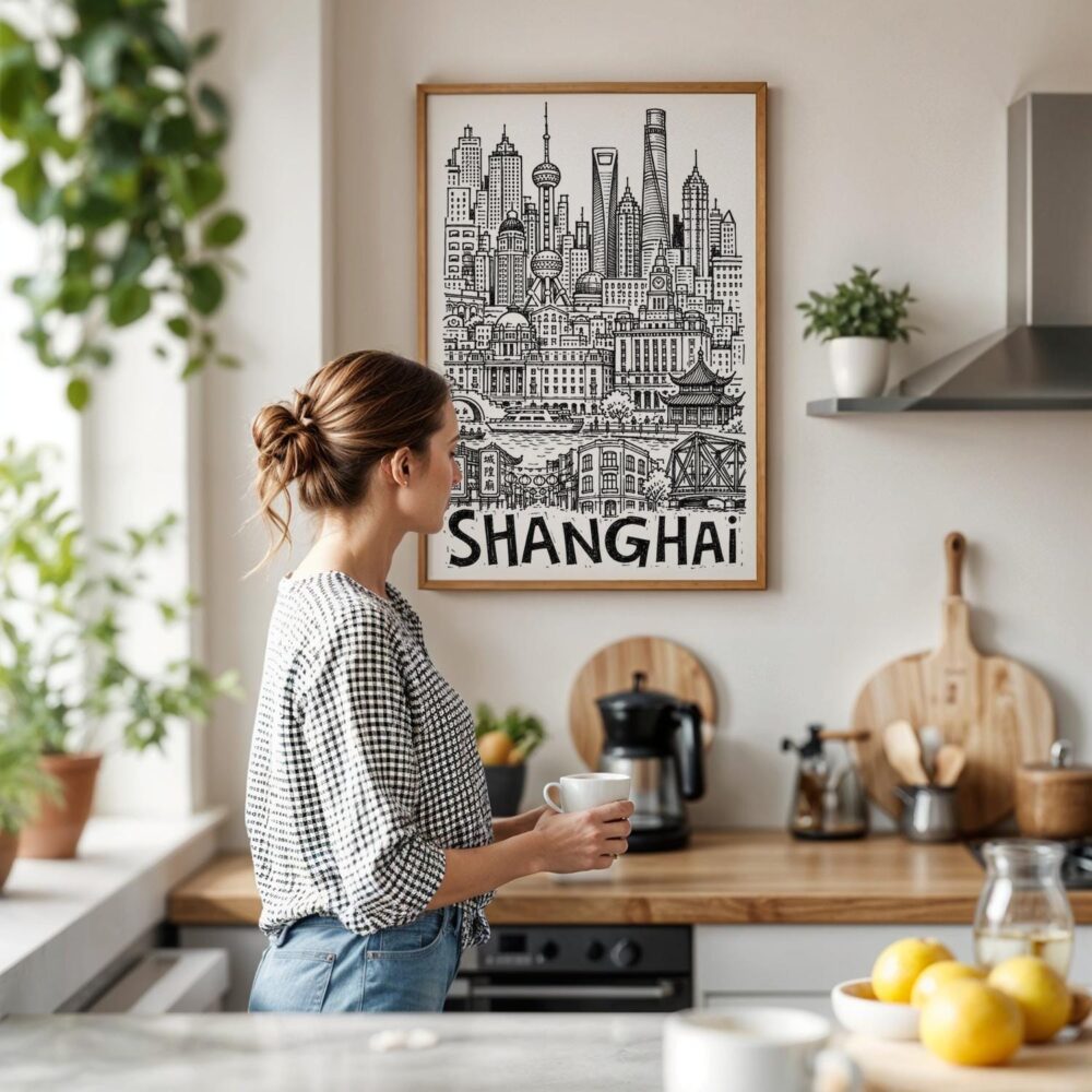 05 - Framed Shanghai City Art - Pencil Style Art Print hanging in Kitchen with woman making coffee - Vertical.jpg 05 - Framed Shanghai City Art - Pencil Style Art Print hanging in Kitchen with woman making coffee - Vertical.jpg