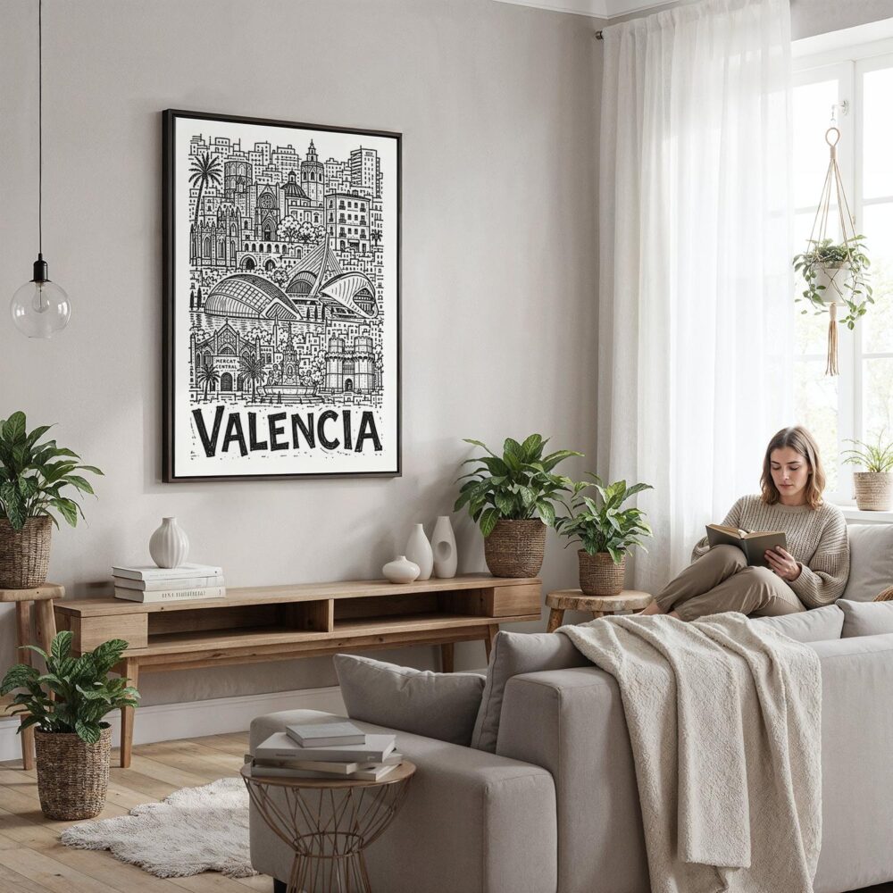 05 - Framed Valencia City Art - Pencil Style Canvas Print - Woman reading in modern Living Room - Vertical.jpg 05 - Framed Valencia City Art - Pencil Style Canvas Print - Woman reading in modern Living Room - Vertical.jpg