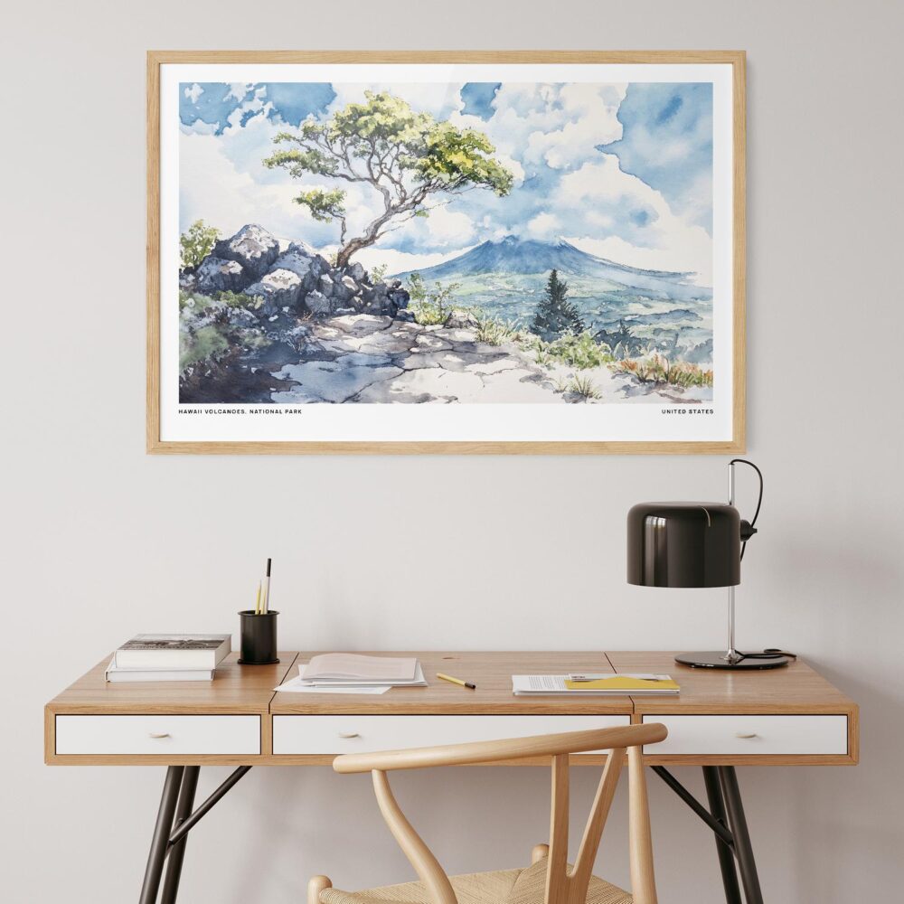 05 - Hawaii Volcanoes National Park Watercolor - Horizontal-36x24 Art Print in Natural Wood Frame above work desk.jpg 05 - Hawaii Volcanoes National Park Watercolor - Horizontal-36x24 Art Print in Natural Wood Frame above work desk.jpg