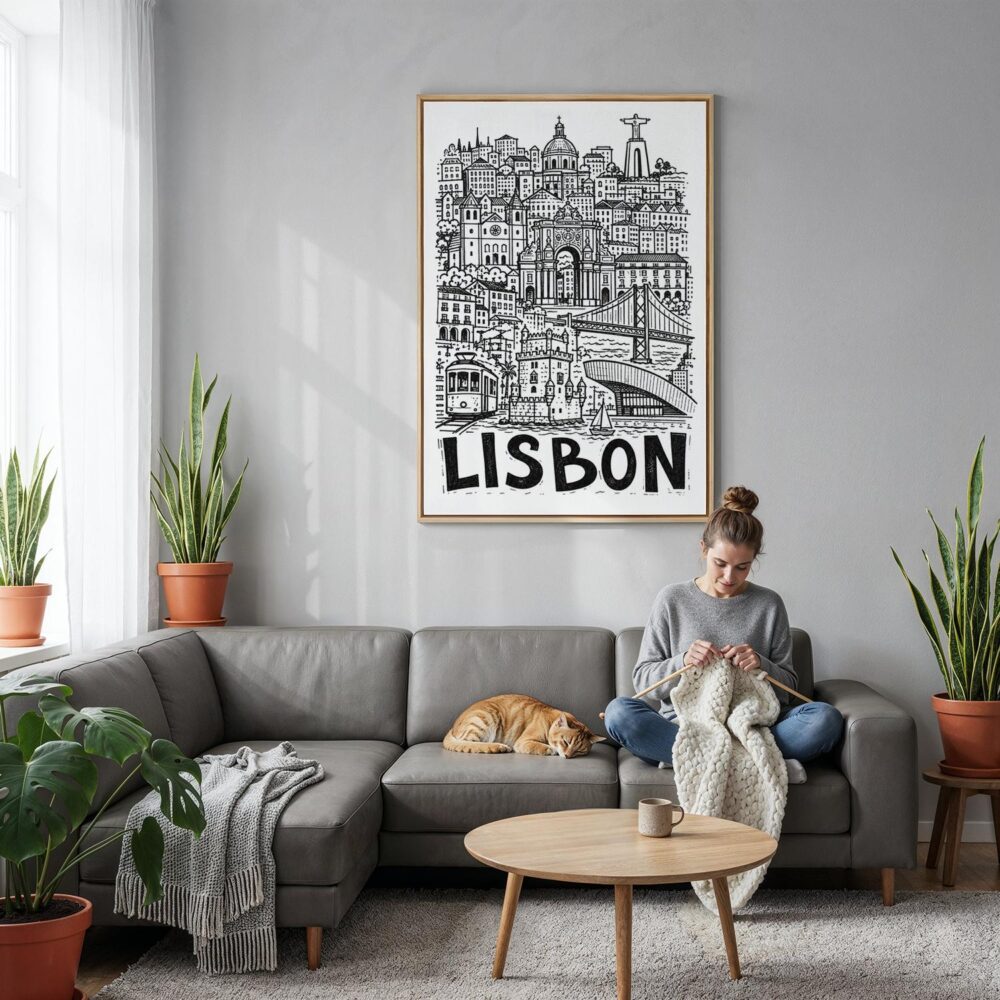 05 - Lisbon City Art - Pencil Style Canvas Print with Natural Floater Frame - Woman Knitting on grey couch - Vertical.jpg 05 - Lisbon City Art - Pencil Style Canvas Print with Natural Floater Frame - Woman Knitting on grey couch - Vertical.jpg