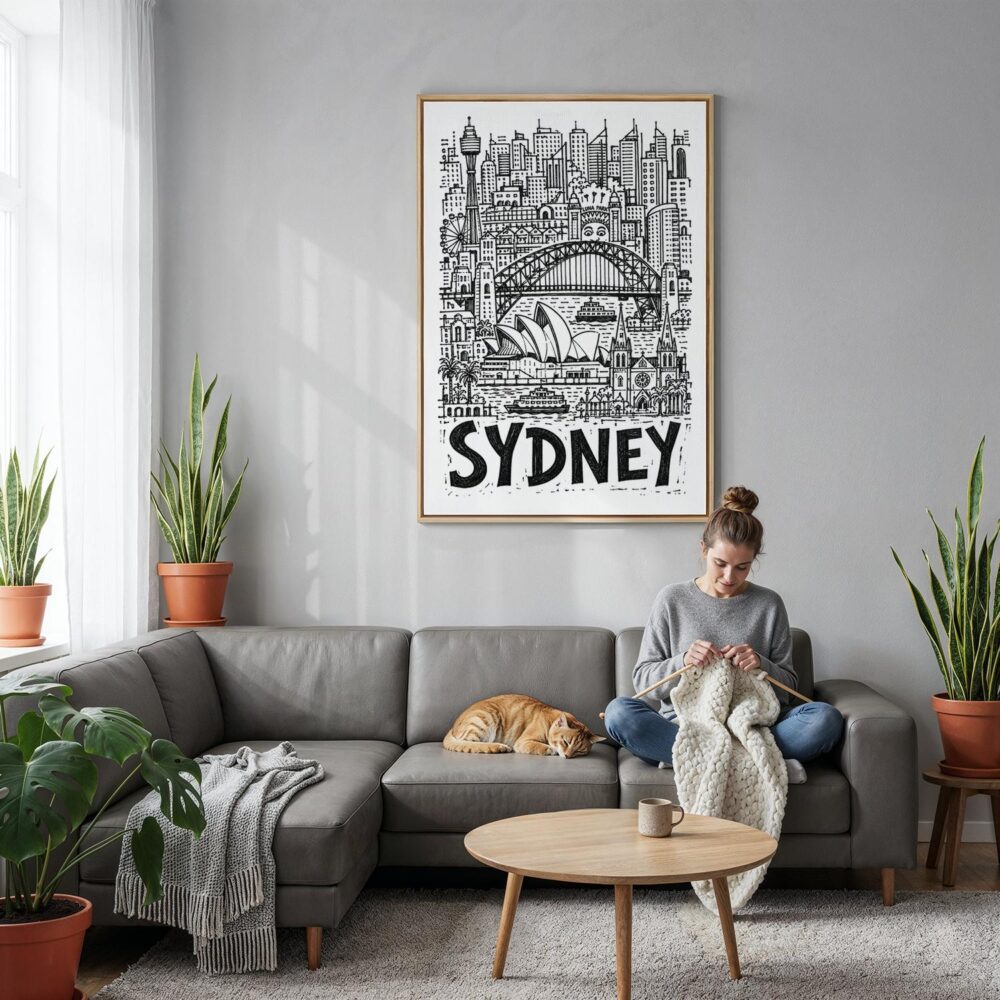 05 - Sydney City Art - Pencil Style Canvas Print with Natural Floater Frame - Woman Knitting on grey couch - Vertical.jpg 05 - Sydney City Art - Pencil Style Canvas Print with Natural Floater Frame - Woman Knitting on grey couch - Vertical.jpg