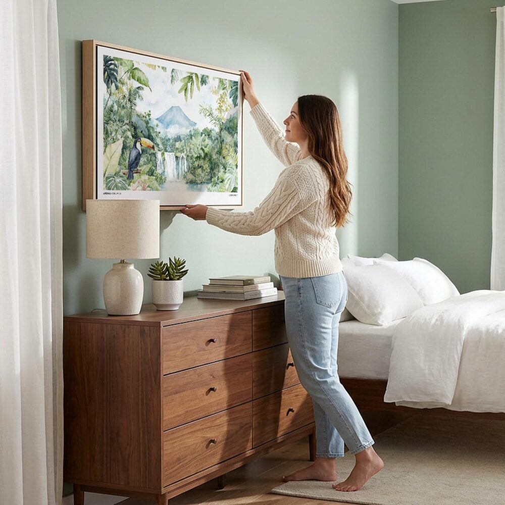 05 - Woman Hanging Costa Rica Arenal Volcano Watercolor - Horizontal-36x24 Canvas Wall art with Natural Floater Frame in Bed Room.jpg 05 - Woman Hanging Costa Rica Arenal Volcano Watercolor - Horizontal-36x24 Canvas Wall art with Natural Floater Frame in Bed Room.jpg