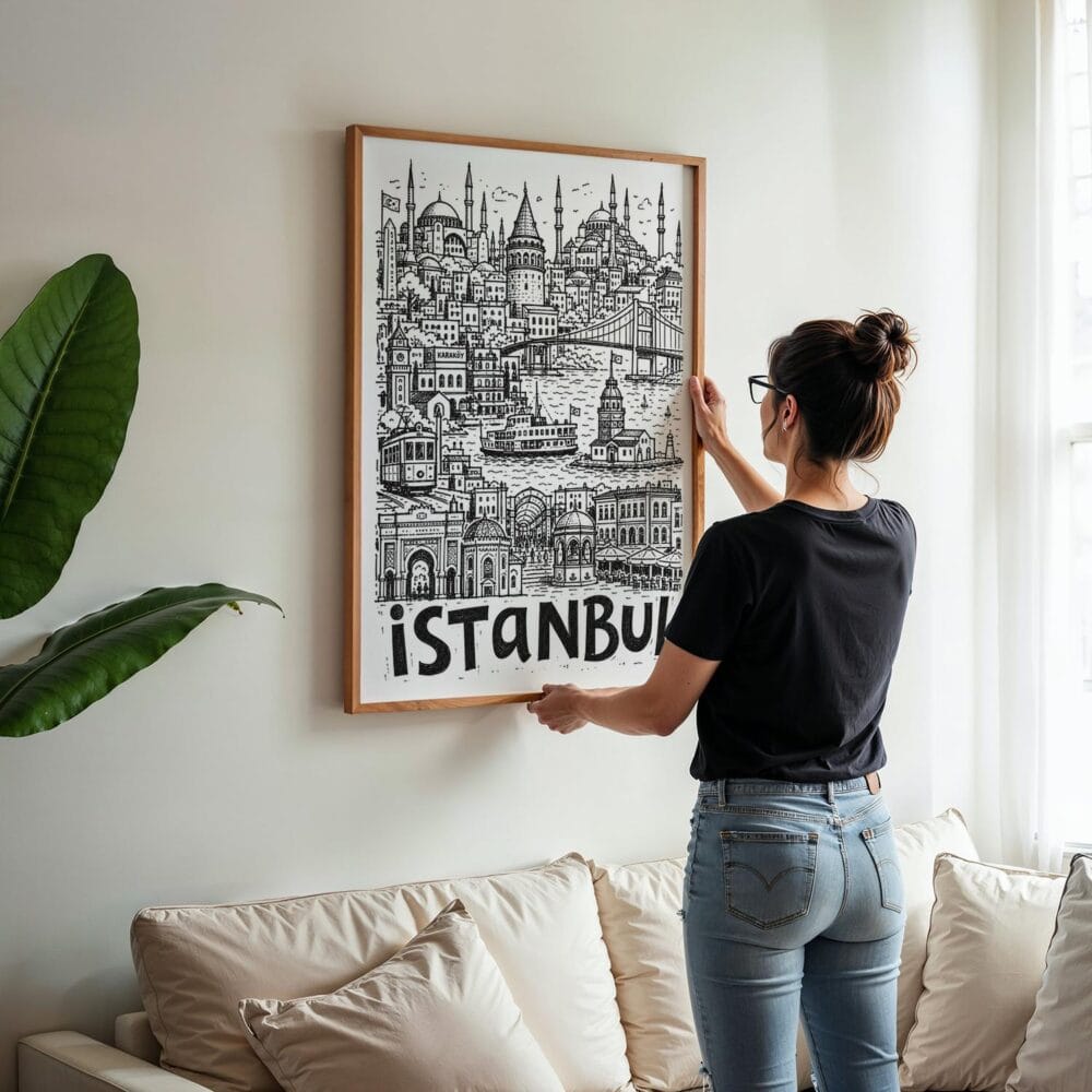 05 - Woman Hanging Framed Istanbul City Art - Pencil Style Art Print - Vertical.jpg 05 - Woman Hanging Framed Istanbul City Art - Pencil Style Art Print - Vertical.jpg