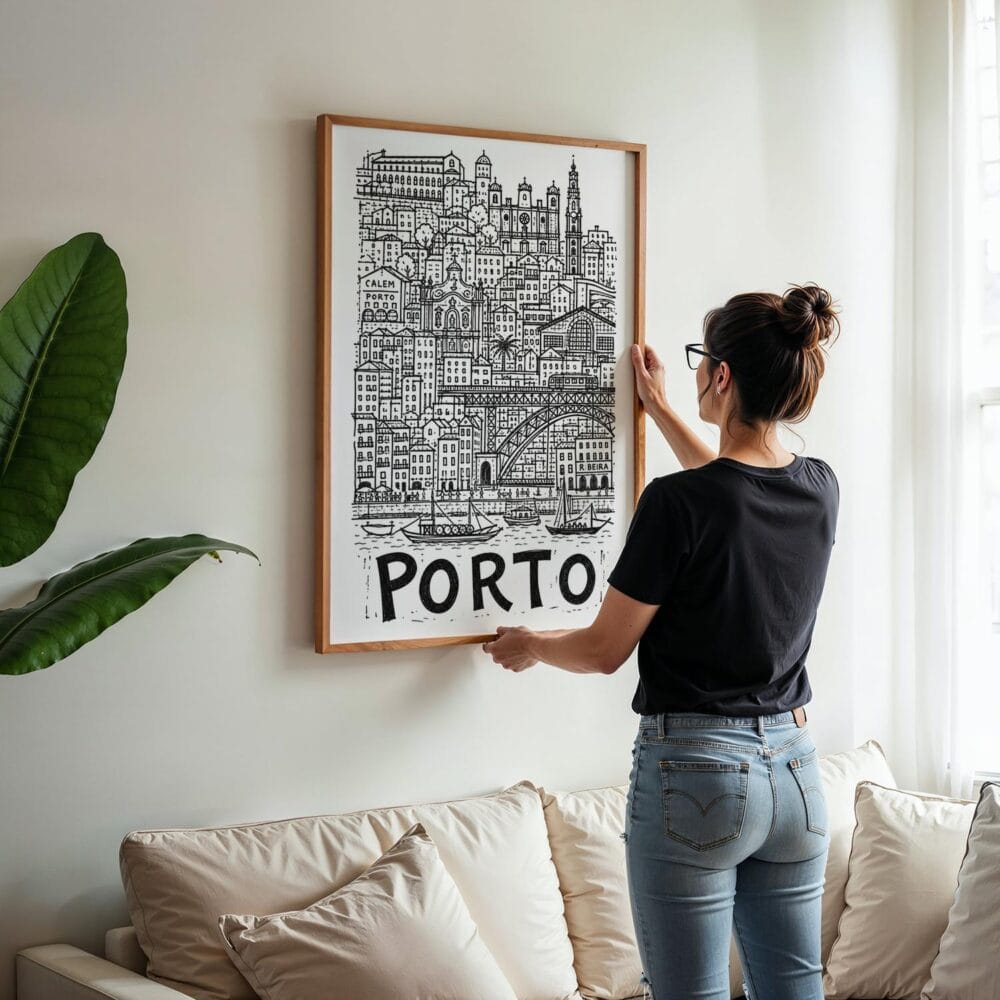 05 - Woman Hanging Framed Porto City Art - Pencil Style Art Print - Vertical.jpg 05 - Woman Hanging Framed Porto City Art - Pencil Style Art Print - Vertical.jpg