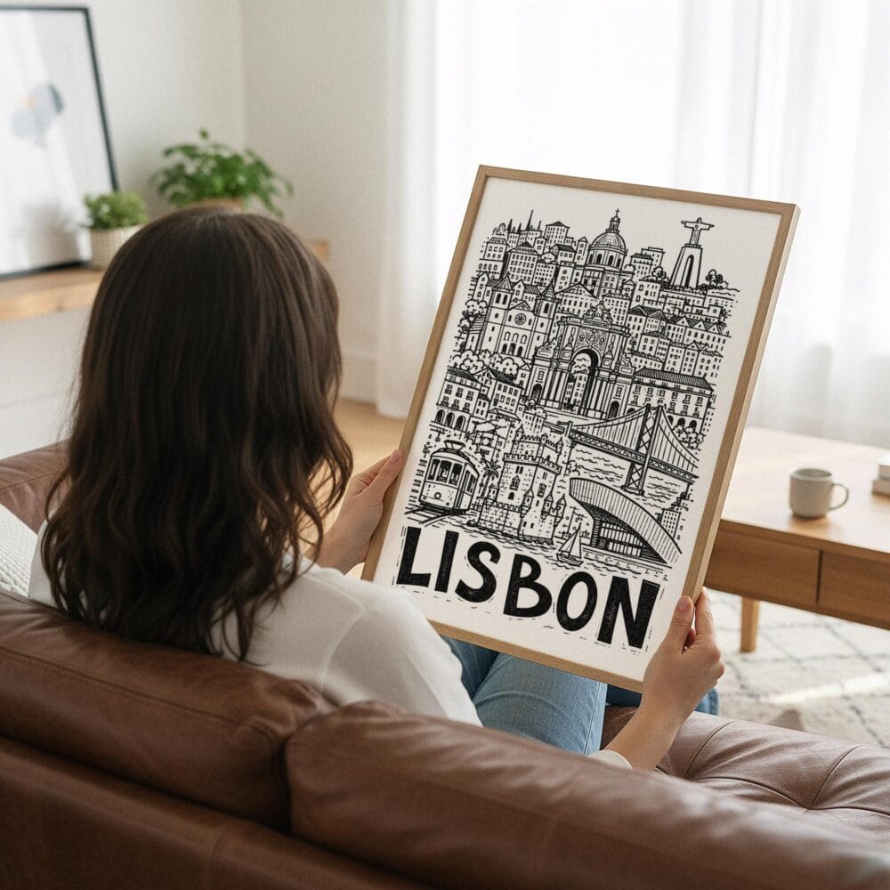 05 - Woman Holding Framed Lisbon City Art - Pencil Style Art Print - Vertical.jpg 05 - Woman Holding Framed Lisbon City Art - Pencil Style Art Print - Vertical.jpg