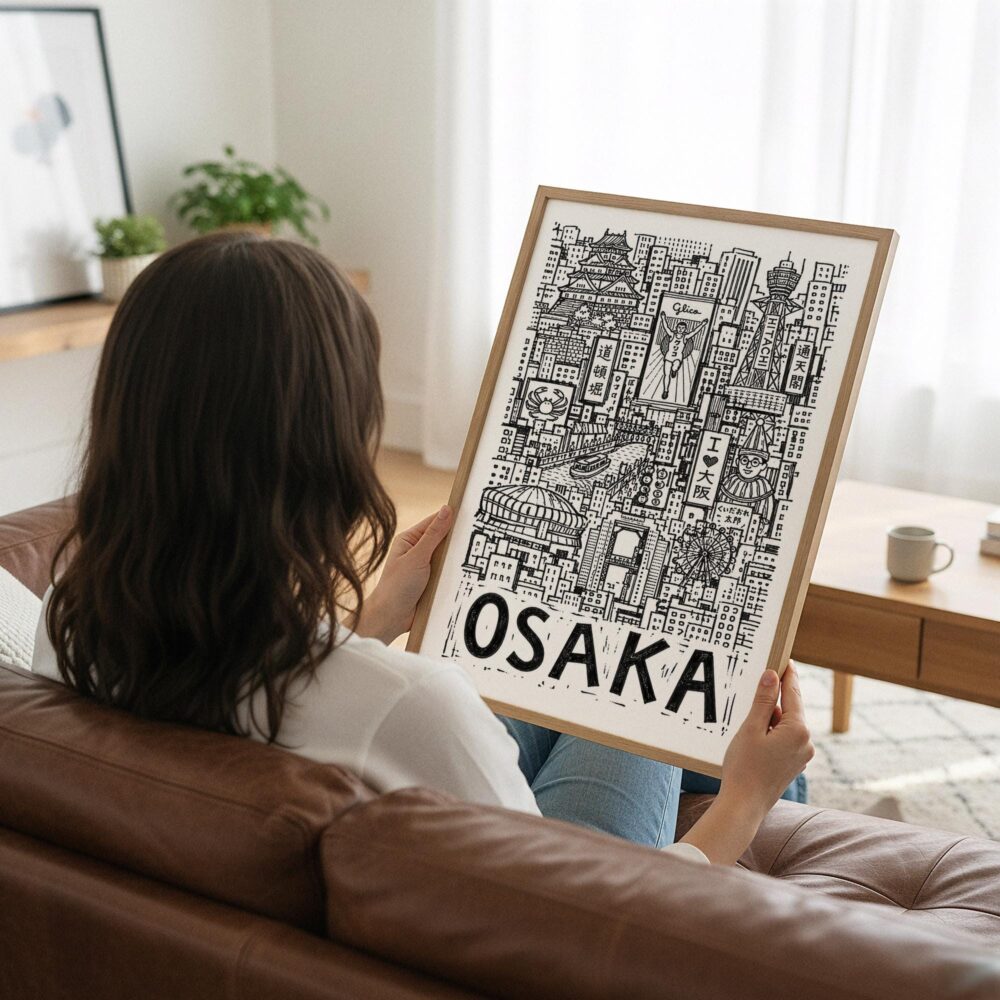 05 - Woman Holding Framed Osaka City Art - Pencil Style Art Print - Vertical.jpg 05 - Woman Holding Framed Osaka City Art - Pencil Style Art Print - Vertical.jpg
