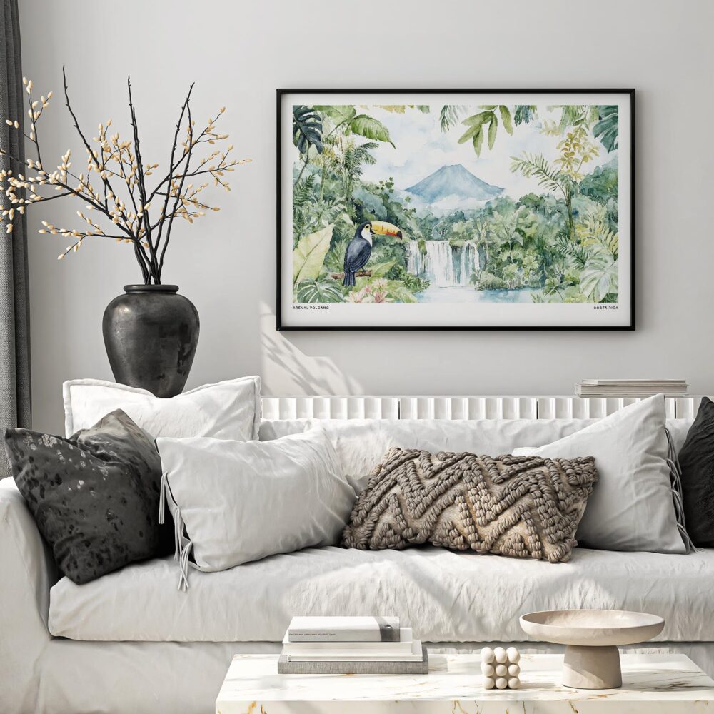 06 - Black Framed Costa Rica Arenal Volcano Watercolor - Horizontal-36x24 Art Print in Scandi Living Room Above Couch.jpg 06 - Black Framed Costa Rica Arenal Volcano Watercolor - Horizontal-36x24 Art Print in Scandi Living Room Above Couch.jpg