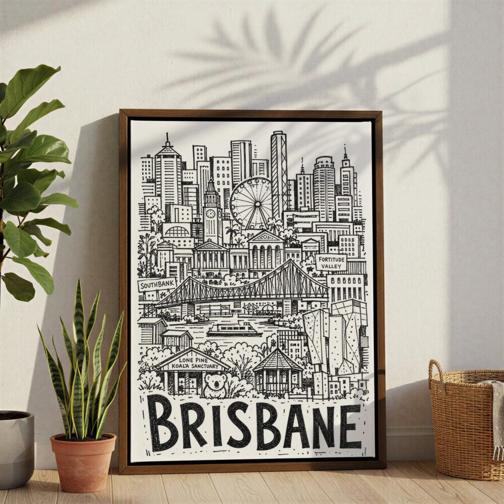 06 - Brisbane City Art - Pencil Style2 Canvas Print with Brown Floater Frame - Standing on Floor - Vertical.jpg 06 - Brisbane City Art - Pencil Style2 Canvas Print with Brown Floater Frame - Standing on Floor - Vertical.jpg