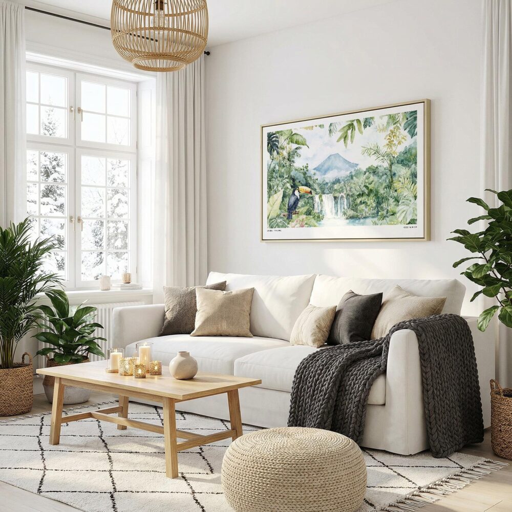06 - Costa Rica Arenal Volcano Watercolor - Horizontal-36x24 Canvas Print with Natural Floater Frame in modern Scandi Living Room.jpg 06 - Costa Rica Arenal Volcano Watercolor - Horizontal-36x24 Canvas Print with Natural Floater Frame in modern Scandi Living Room.jpg