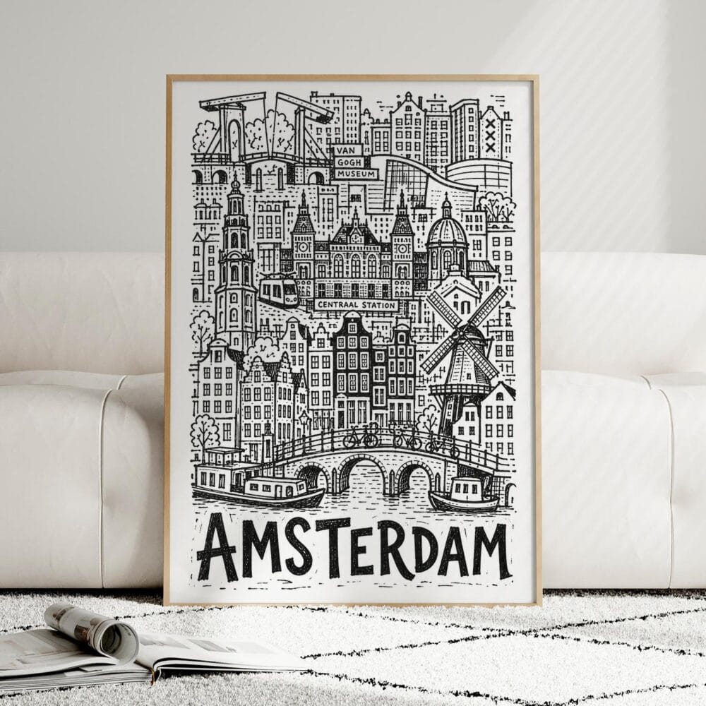 06 - Framed Amsterdam City Art - Pencil Style Art Print leaning against couch - Vertical.jpg 06 - Framed Amsterdam City Art - Pencil Style Art Print leaning against couch - Vertical.jpg