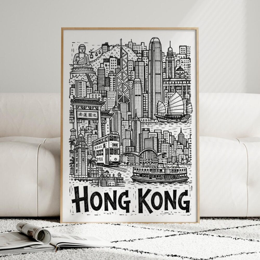 06 - Framed Hong Kong City Art - Pencil Style Art Print leaning against couch - Vertical.jpg 06 - Framed Hong Kong City Art - Pencil Style Art Print leaning against couch - Vertical.jpg
