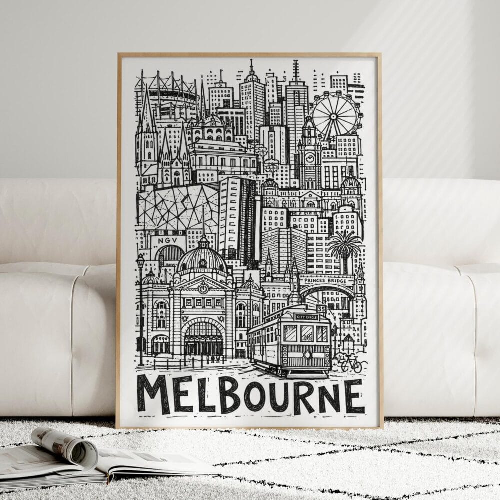 06 - Framed Melbourne City Art - Pencil Style Art Print leaning against couch - Vertical.jpg 06 - Framed Melbourne City Art - Pencil Style Art Print leaning against couch - Vertical.jpg
