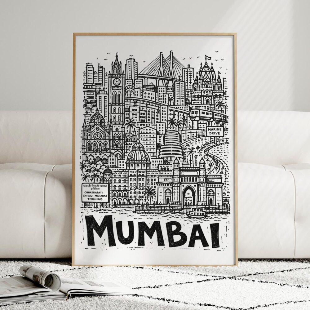 06 - Framed Mumbai City Art - Pencil Style Art Print leaning against couch - Vertical.jpg 06 - Framed Mumbai City Art - Pencil Style Art Print leaning against couch - Vertical.jpg