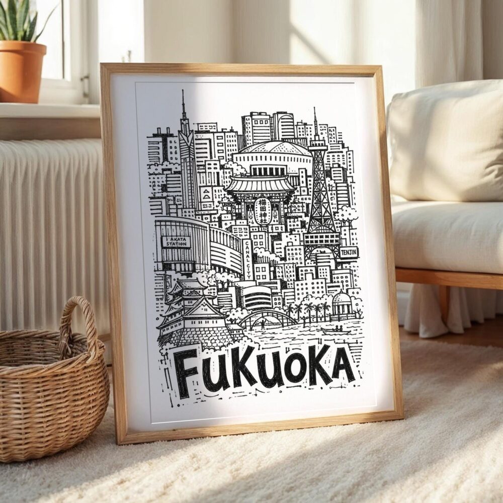06 - Fukuoka City Art - Pencil Style Art Print with Natural Wood Frame on floor - Vertical.jpg 06 - Fukuoka City Art - Pencil Style Art Print with Natural Wood Frame on floor - Vertical.jpg
