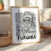 06 - Fukuoka City Art - Pencil Style Art Print with Natural Wood Frame on floor - Vertical.jpg