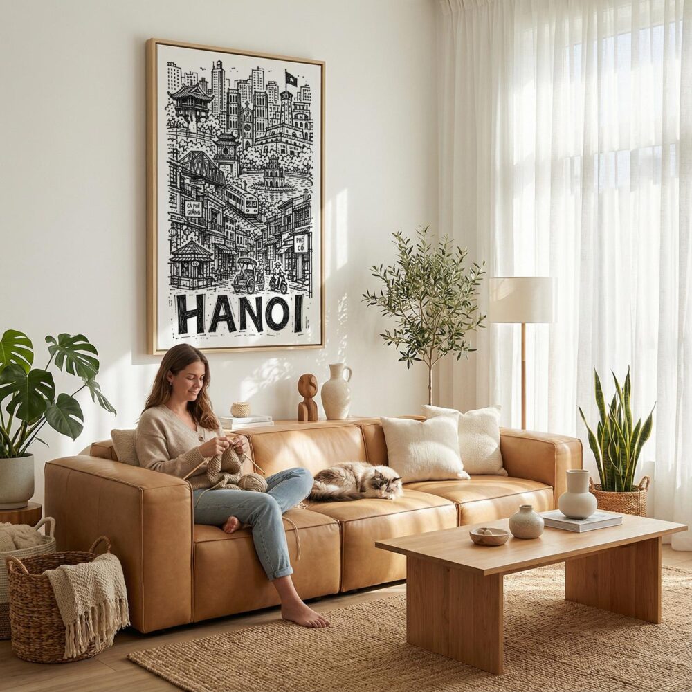 06 - Hanoi City Art - Pencil Style Canvas Art Print with natural Floater Frame - Women knitting on couch with cat - Vertical .jpg 06 - Hanoi City Art - Pencil Style Canvas Art Print with natural Floater Frame - Women knitting on couch with cat - Vertical .jpg