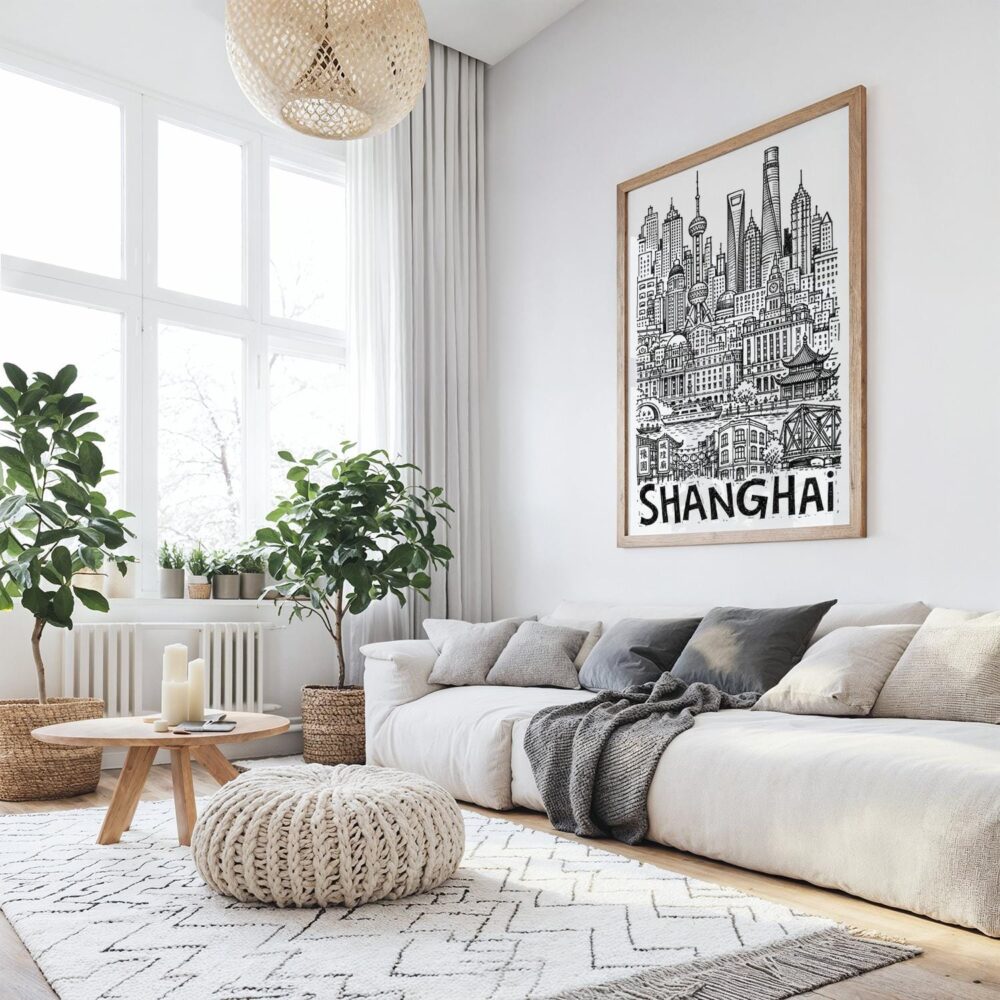 06 - Large Shanghai City Art - Pencil Style Art Print with Wood Frame in Boho Living Room - Vertical.jpg 06 - Large Shanghai City Art - Pencil Style Art Print with Wood Frame in Boho Living Room - Vertical.jpg