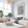06 - Large Shanghai City Art - Pencil Style Art Print with Wood Frame in Boho Living Room - Vertical.jpg
