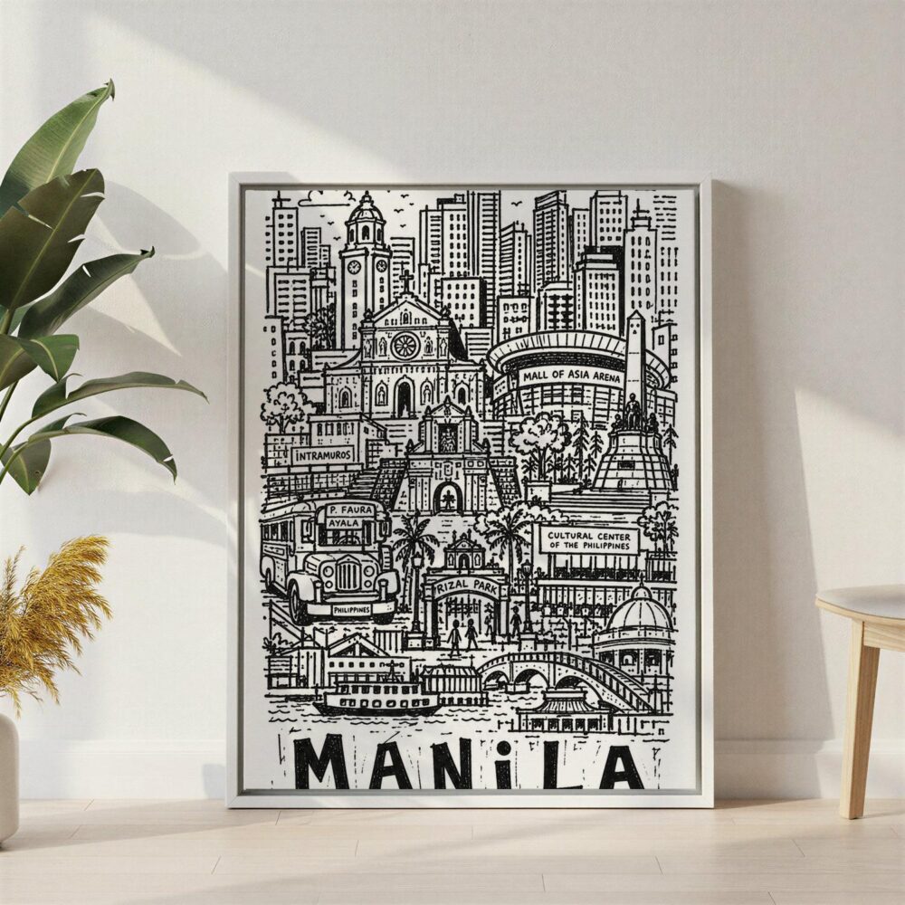 06 - Manila City Art - Pencil Style Canvas Print with White Floater Frame - Standing on Floor - Vertical.jpg 06 - Manila City Art - Pencil Style Canvas Print with White Floater Frame - Standing on Floor - Vertical.jpg