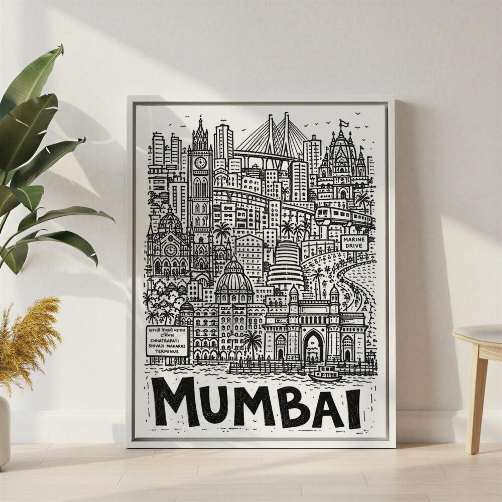 06 - Mumbai City Art - Pencil Style Canvas Print with White Floater Frame - Standing on Floor - Vertical.jpg 06 - Mumbai City Art - Pencil Style Canvas Print with White Floater Frame - Standing on Floor - Vertical.jpg