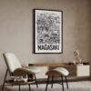 06 - Nagasaki City Art - Pencil Style Art Print with Black Frame in Japandi Living Room - Vertical.jpg