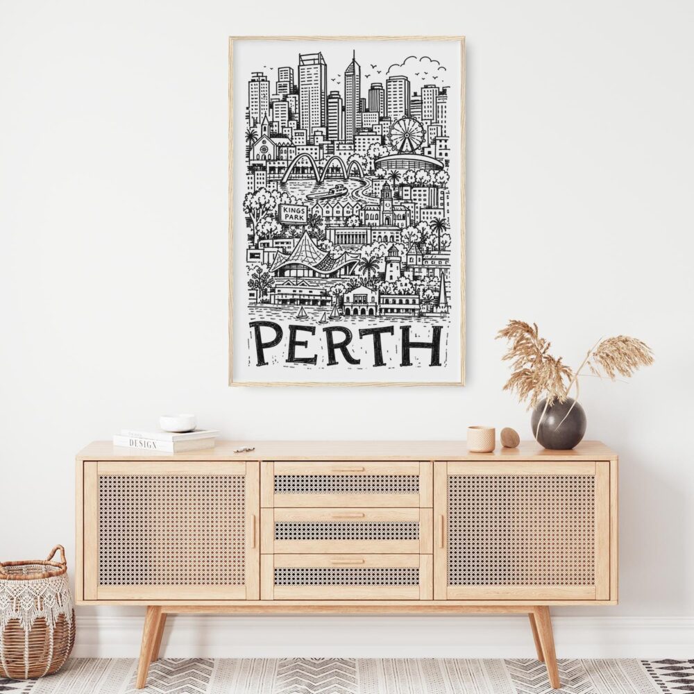 06 - Perth City Art - Pencil Style Art Print Hanging above Shelf - Vertical.jpg 06 - Perth City Art - Pencil Style Art Print Hanging above Shelf - Vertical.jpg