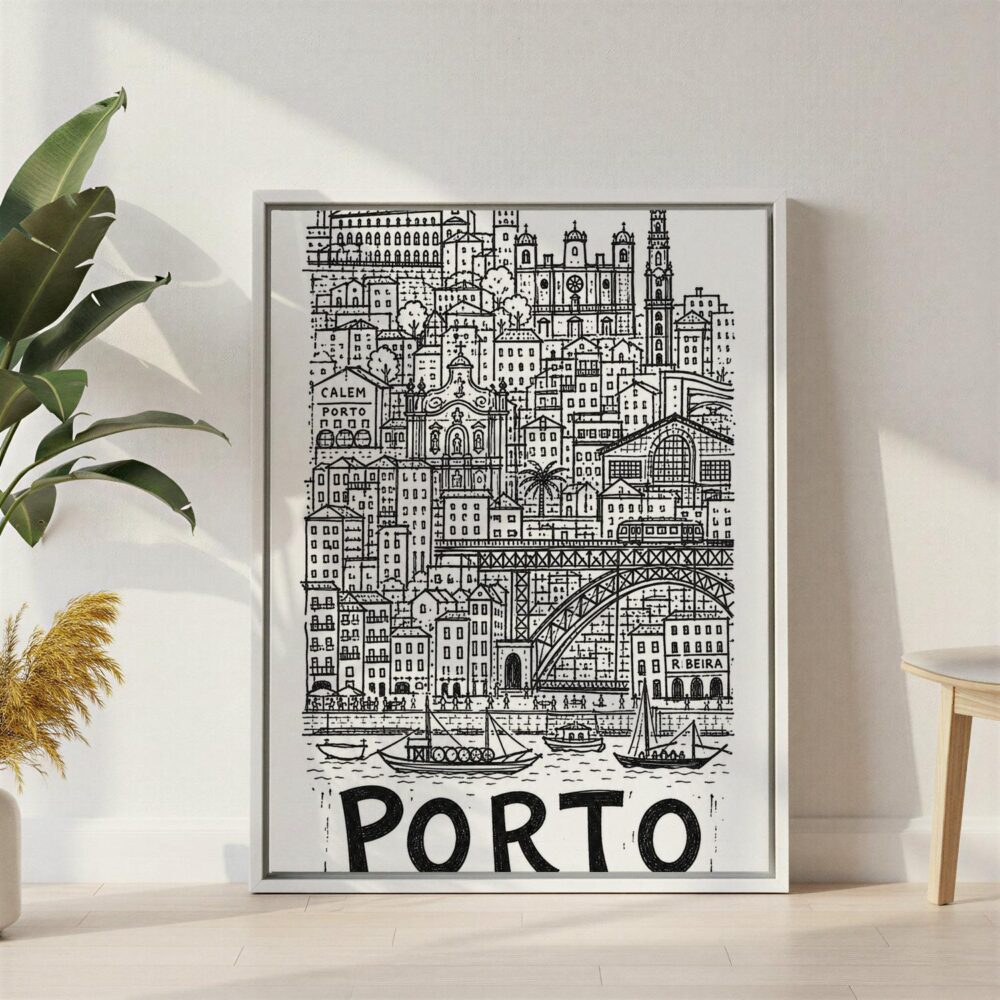 06 - Porto City Art - Pencil Style Canvas Print with White Floater Frame - Standing on Floor - Vertical.jpg 06 - Porto City Art - Pencil Style Canvas Print with White Floater Frame - Standing on Floor - Vertical.jpg