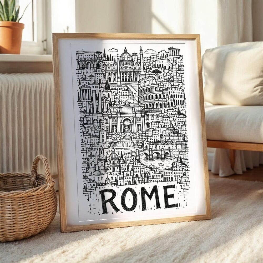 06 - Rome City Art - Pencil Style Art Print with Natural Wood Frame on floor - Vertical.jpg 06 - Rome City Art - Pencil Style Art Print with Natural Wood Frame on floor - Vertical.jpg