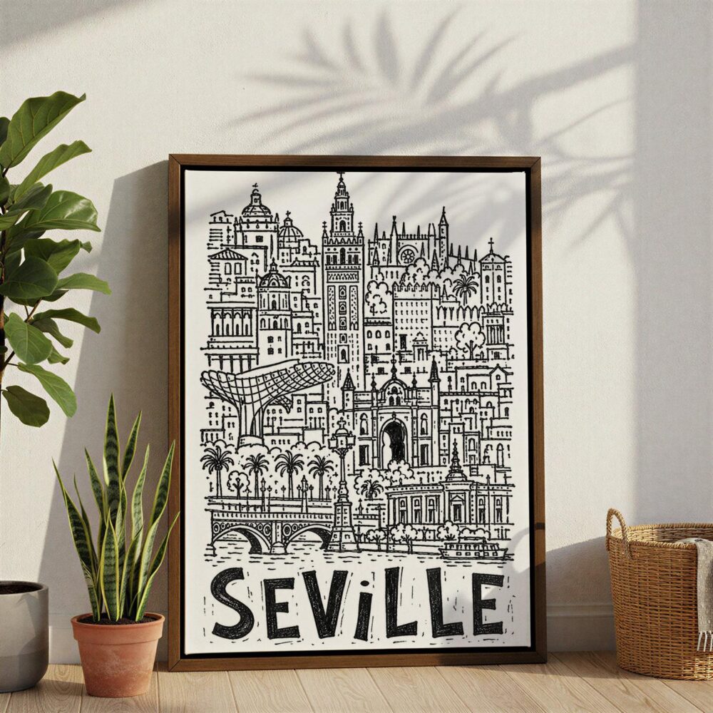 06 - Seville City Art - Pencil Style Canvas Print with Brown Floater Frame - Standing on Floor - Vertical.jpg 06 - Seville City Art - Pencil Style Canvas Print with Brown Floater Frame - Standing on Floor - Vertical.jpg
