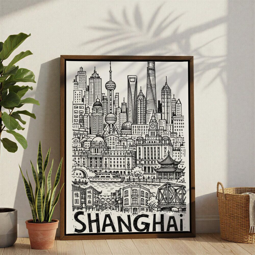 06 - Shanghai City Art - Pencil Style Canvas Print with Brown Floater Frame - Standing on Floor - Vertical.jpg 06 - Shanghai City Art - Pencil Style Canvas Print with Brown Floater Frame - Standing on Floor - Vertical.jpg