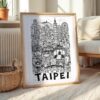 06 - Taipei City Art - Pencil Style Art Print with Natural Wood Frame on floor - Vertical.jpg