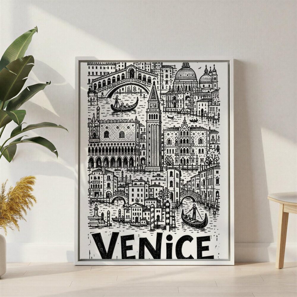 06 - Venice City Art - Pencil Style Canvas Print with White Floater Frame - Standing on Floor - Vertical.jpg 06 - Venice City Art - Pencil Style Canvas Print with White Floater Frame - Standing on Floor - Vertical.jpg