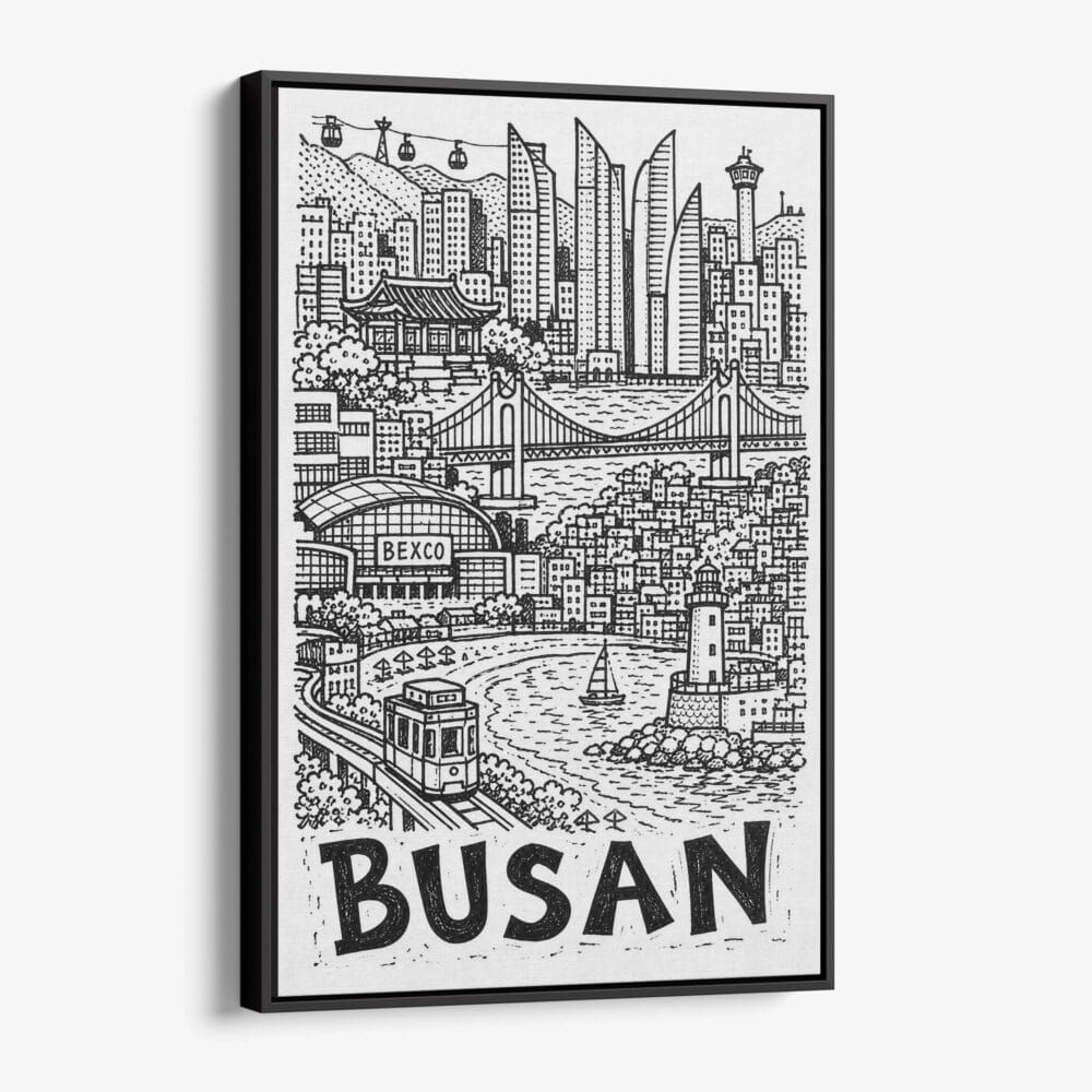 01 - Black Framed Busan City Art - Pencil Style Canvas Print - Vertical - Main - Side view.jpg 01 - Black Framed Busan City Art - Pencil Style Canvas Print - Vertical - Main - Side view.jpg