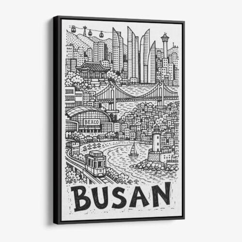 01 - Black Framed Busan City Art - Pencil Style Canvas Print - Vertical - Main - Side view.jpg