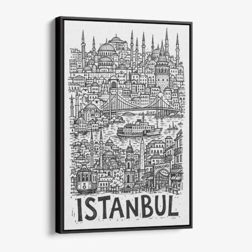 01 - Black Framed Istanbul City Art - Pencil Style Canvas Print - Vertical - Main - Side view.jpg