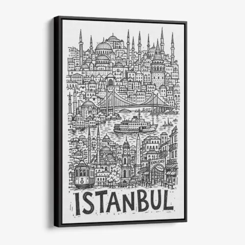 01 - Black Framed Istanbul City Art - Pencil Style Canvas Print - Vertical - Main - Side view.jpg