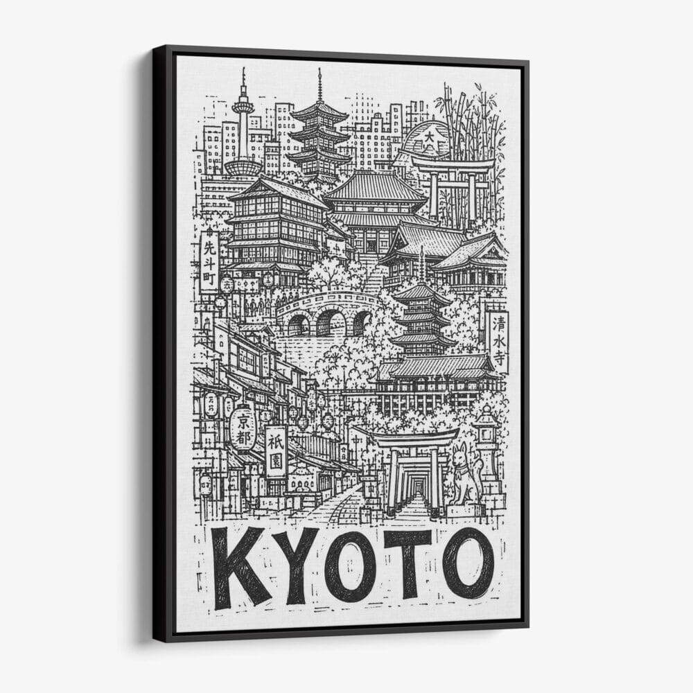 01 - Black Framed Kyoto City Art - Pencil Style Canvas Print - Vertical - Main - Side view.jpg