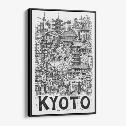 01 - Black Framed Kyoto City Art - Pencil Style Canvas Print - Vertical - Main - Side view.jpg