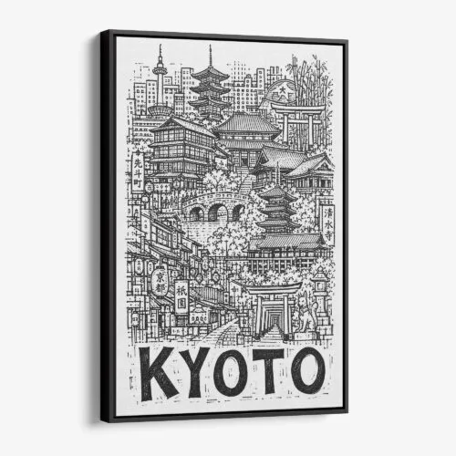 01 - Black Framed Kyoto City Art - Pencil Style Canvas Print - Vertical - Main - Side view.jpg