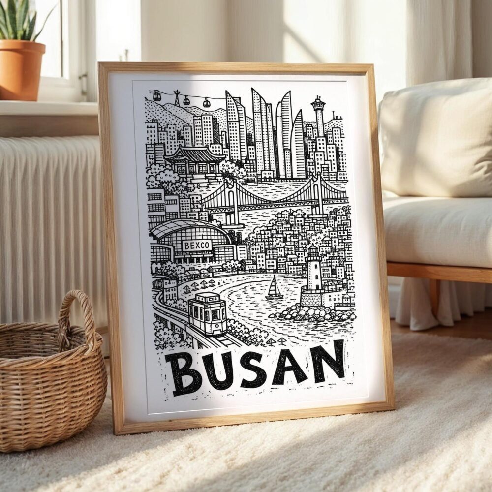 02 - Busan City Art - Pencil Style Art Print with Natural Wood Frame on floor - Vertical.jpg 02 - Busan City Art - Pencil Style Art Print with Natural Wood Frame on floor - Vertical.jpg