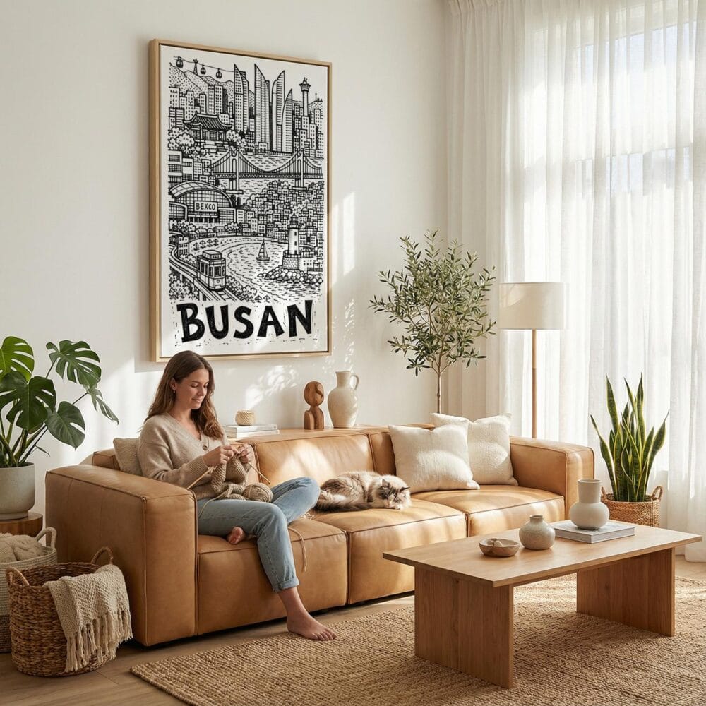 02 - Busan City Art - Pencil Style Canvas Art Print with natural Floater Frame - Women knitting on couch with cat - Vertical .jpg 02 - Busan City Art - Pencil Style Canvas Art Print with natural Floater Frame - Women knitting on couch with cat - Vertical .jpg